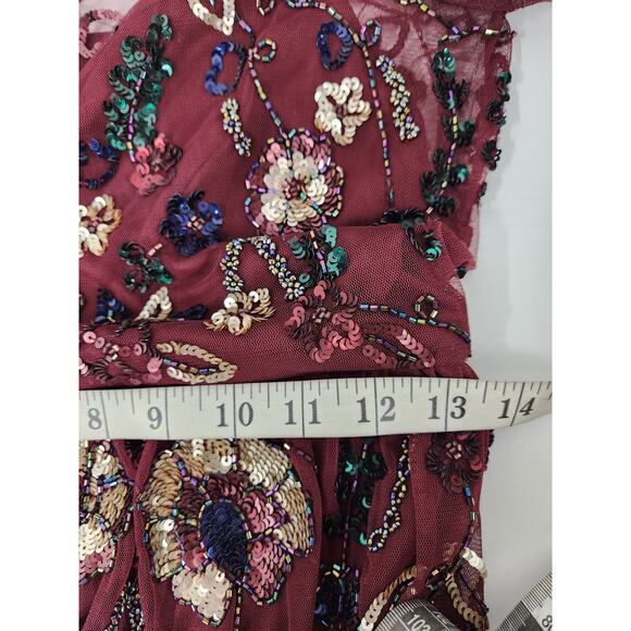 Gianni Bini Women's Wendy Burgundy Sequin Mesh Embroidered Floral Dress, Size 0 - Picture 10 of 14